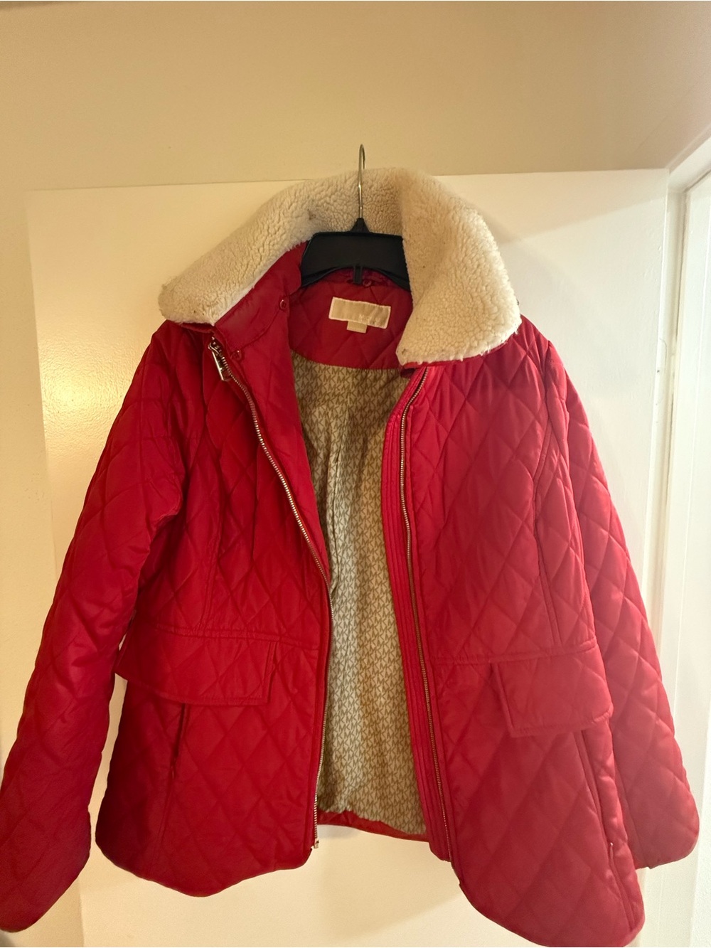 Red Quilted Sherpa-Collar Women's Jacket